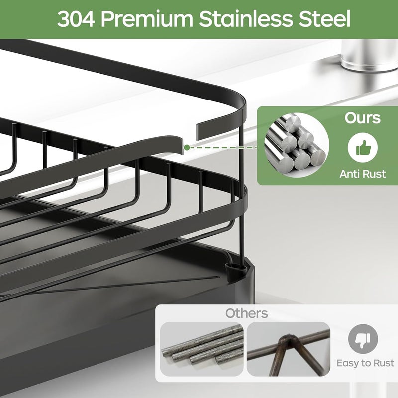 Rottogoon Dish Drying Rack, Stainless Steel Rustproof Dish Rack for Kitchen Counter, Sturdy Dish Drainer with Drainboard, Drainage, Utensil Holder for Various Kitchenware, 16.2"(L) x 12.6"(W), Black - Image 5